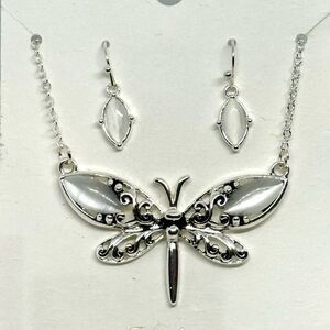 Mixit Silver Tone and Mother of Pearl Dragonfly Pendant Necklace and Earrings